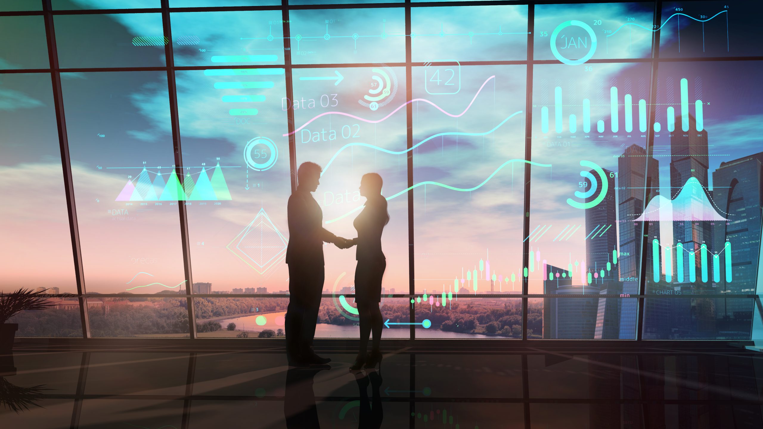 Silhouettes of man and woman shake hands while standing in their office opposite the infographic.